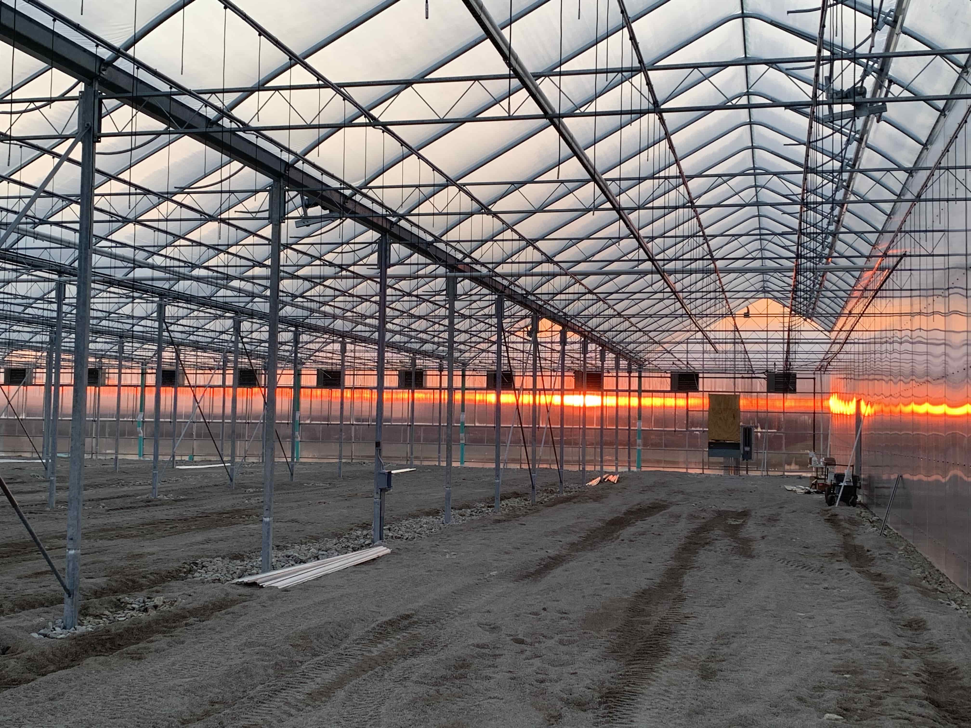 Greenhouse structure with sunset